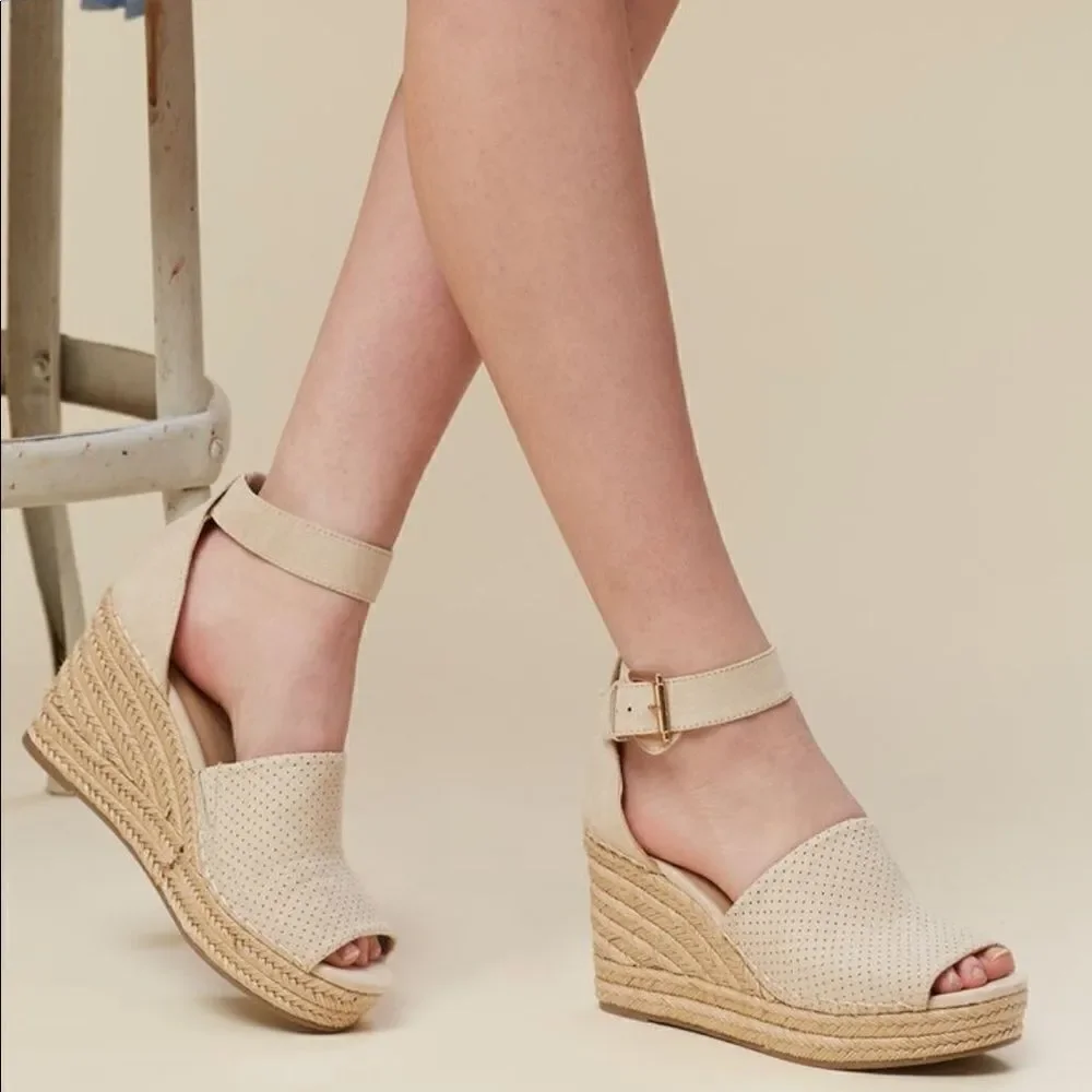 Altar’d State Tan Vegan Suede Perforated Espadrilles Wedges 8